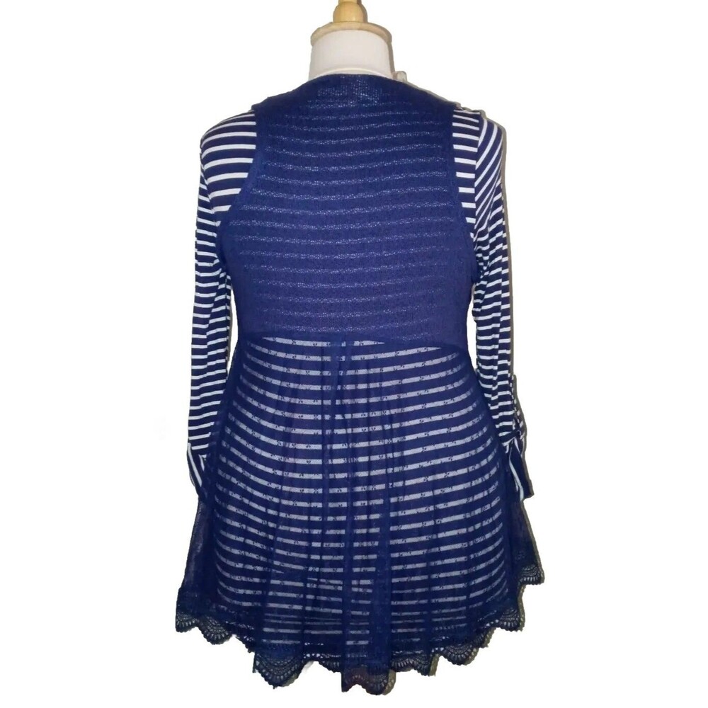 NWT TRUE SELF Womens XL 2Fer Stripes Lace Overlay Nautical Long Sleeve Top Navy - Picture 3 of 16